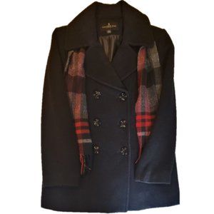 London Fog Black Wool Blend Double Breast Peacoat with Scarf Size Large